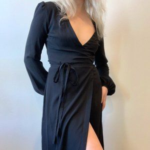 Nasty Gal Black Long-sleeve Slit Plunge Wrap Maxi Gown